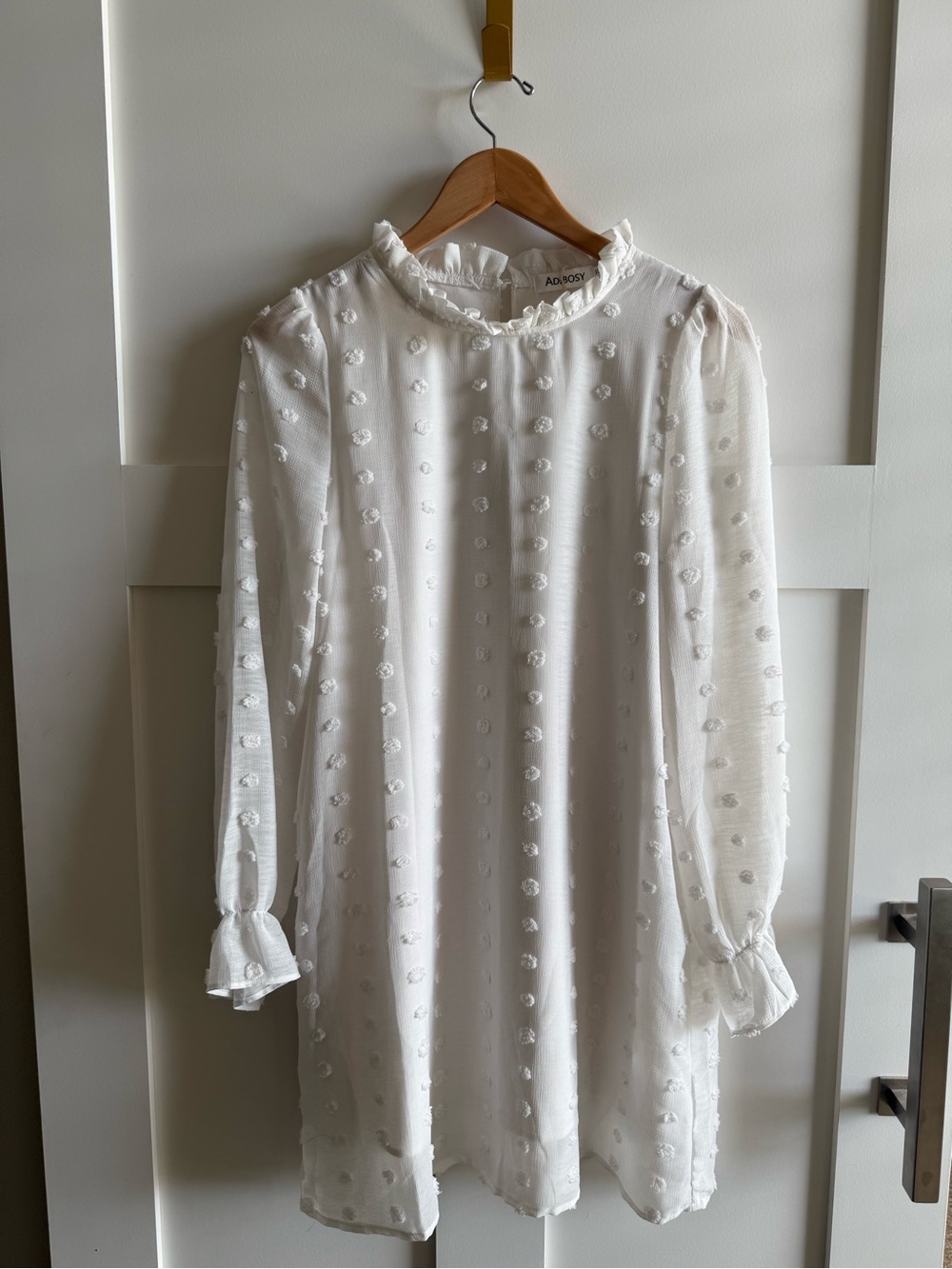 Adibosy White Swiss Dot Ruffle-Neck Tunic Dress